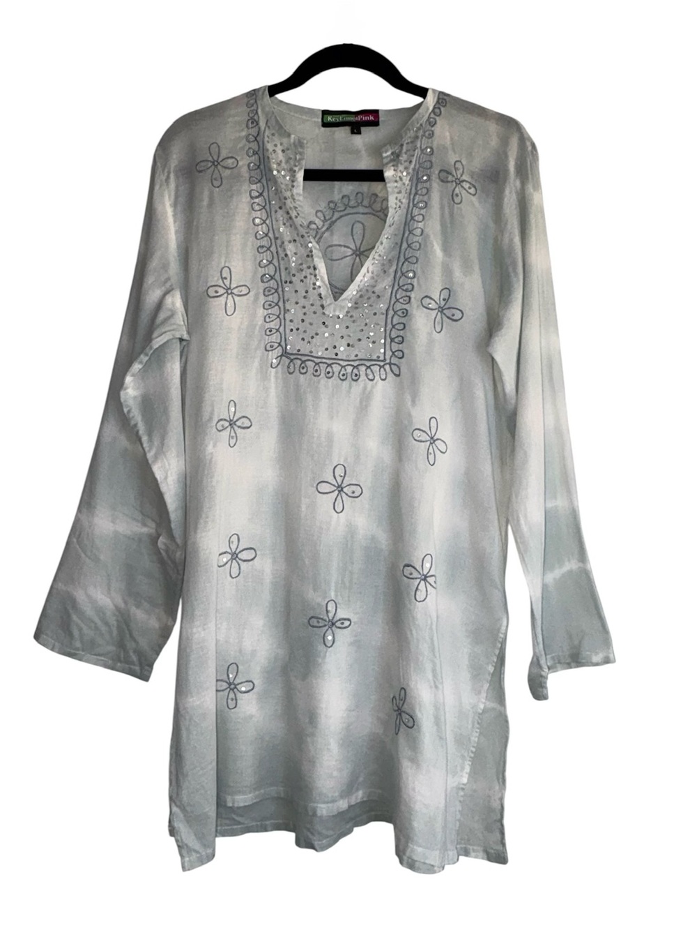Key Lime & Pink Light Blue Embroidered V-Neck Tunic
